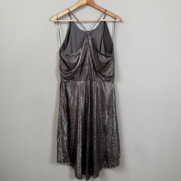 Halston Metallic Fit & Flare Midi Dress Women's 8 Gunmetal Silver Cocktail Party - Picture 8 of 14